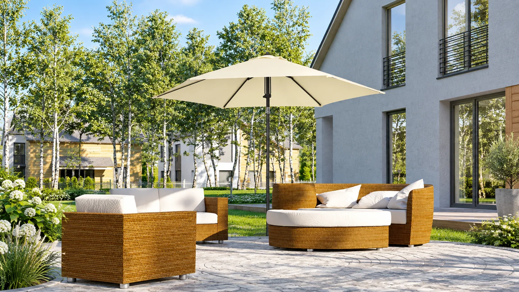 Beige garden umbrella shading a wicker lounge on a sunlit patio