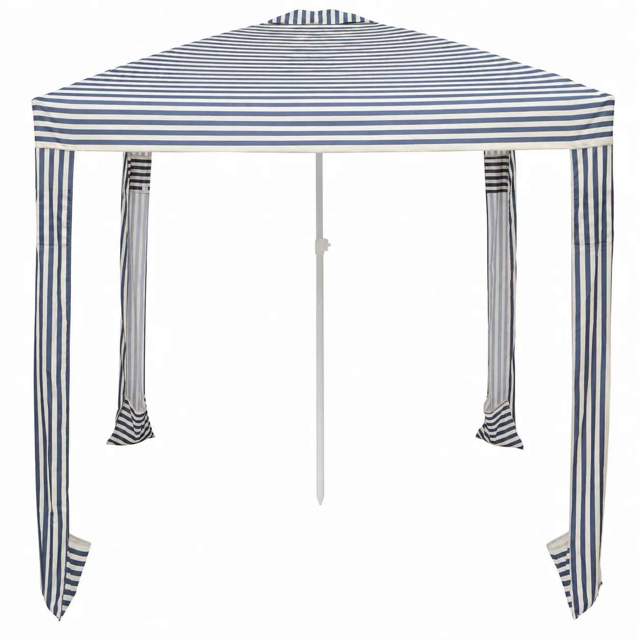 Blue and white striped square cabana with a central pole and four fabric legs