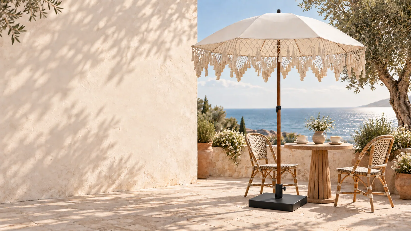 Ivory macramé parasol with a black iron base in a coastal garden café