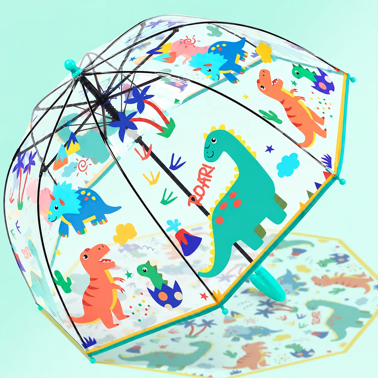 Clear umbrella with colourful dinosaurs and turquoise trim