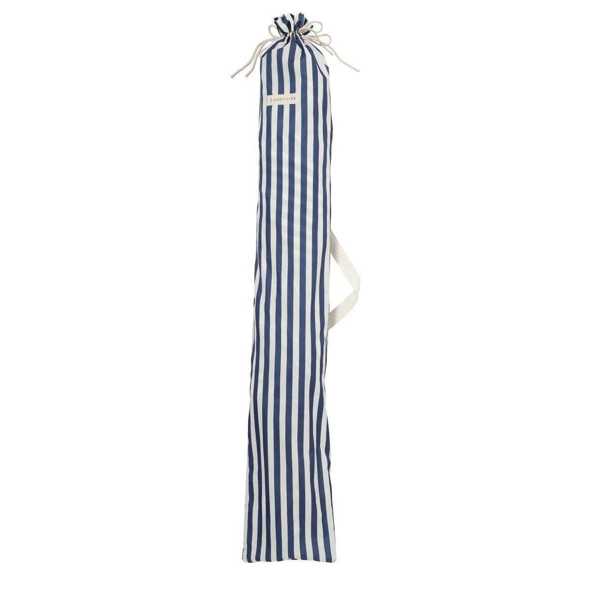Blue and white striped drawstring carry bag