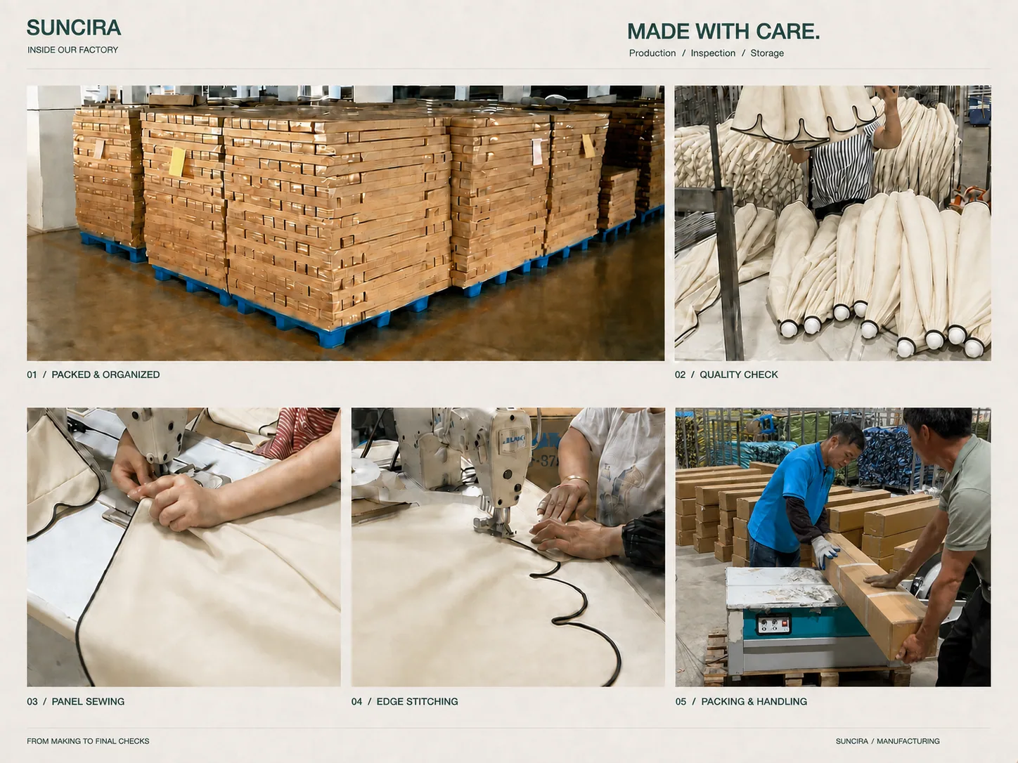 Panel sewing — Suncira factory imagery with digitally styled umbrella fabrics