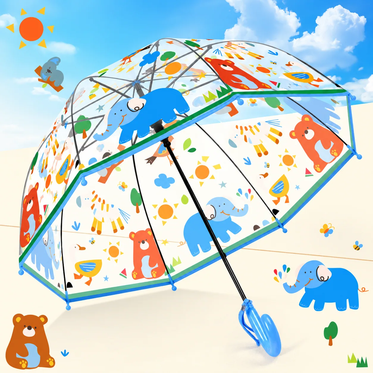 Clear umbrella with colourful animal illustrations and a blue curved handle