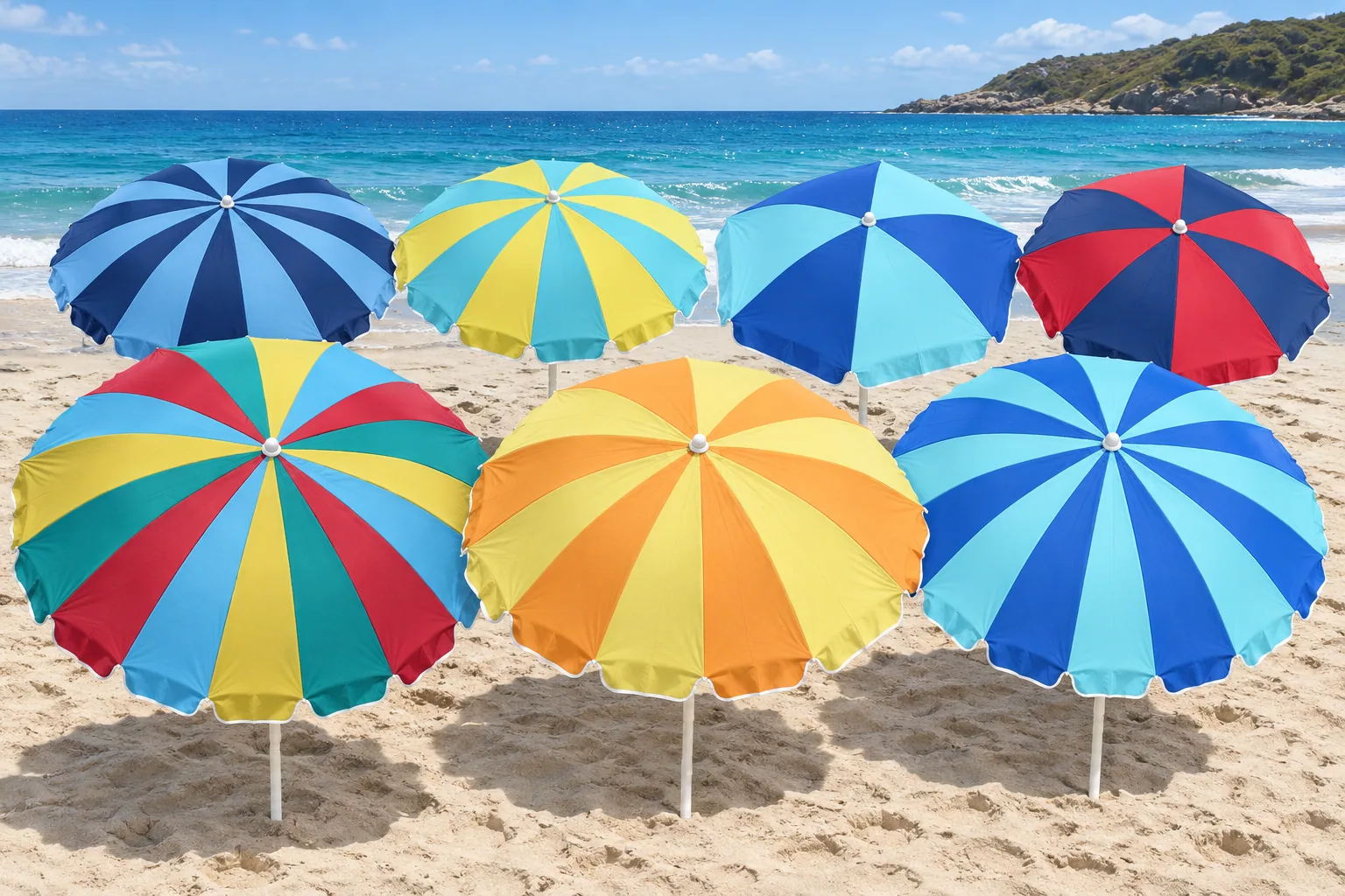 Seven colourful beach umbrella designs arranged together on a sunny coast
