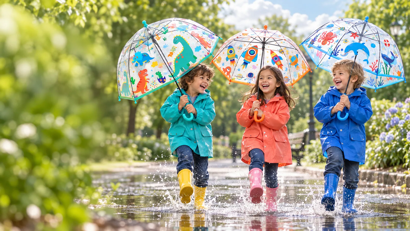 Children laughing and splashing in puddles with colourful transparent dinosaur, space and ocean umbrellas in a leafy park