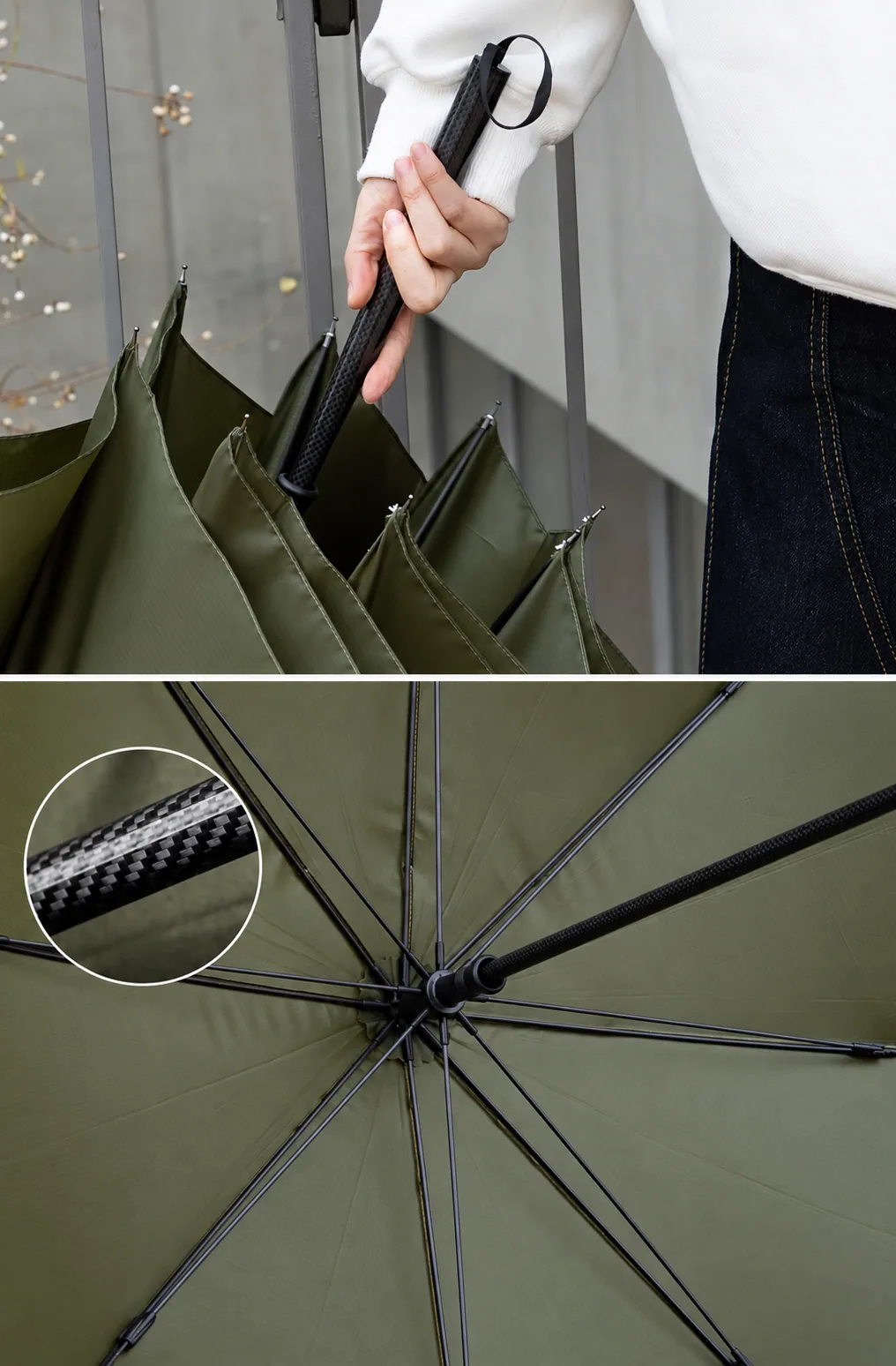 Slim carbon handle and the eight-rib umbrella interior