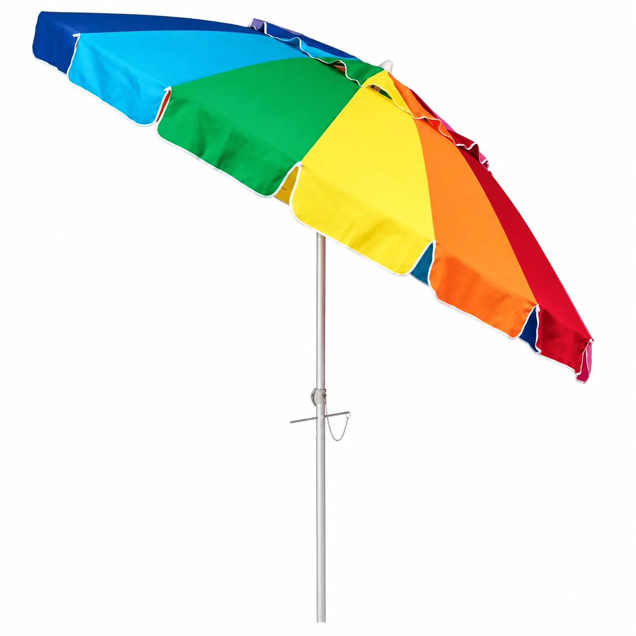 Tilted rainbow beach umbrella with silver pole on a white background