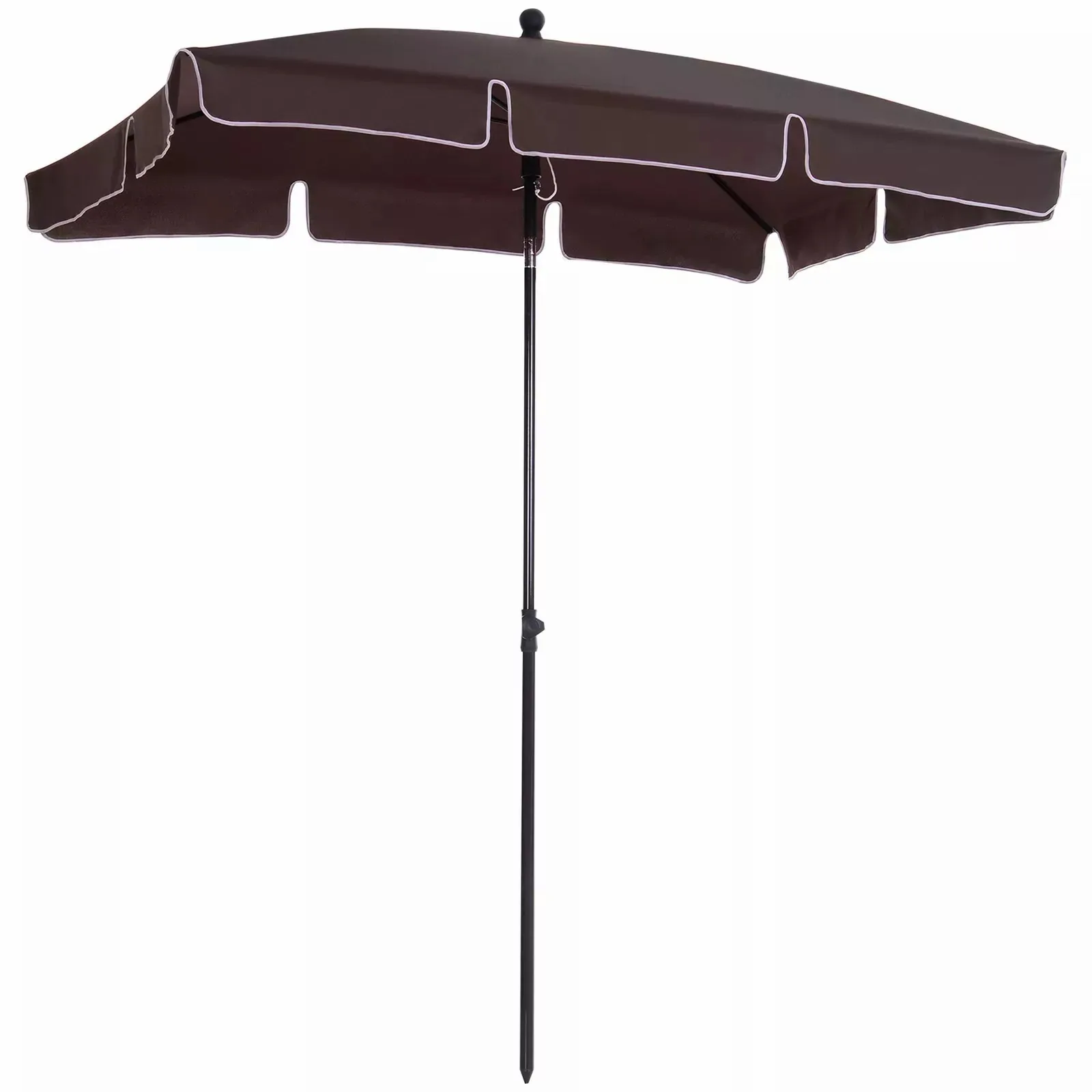 Coffee rectangular umbrella with white-trimmed valance and black centre pole