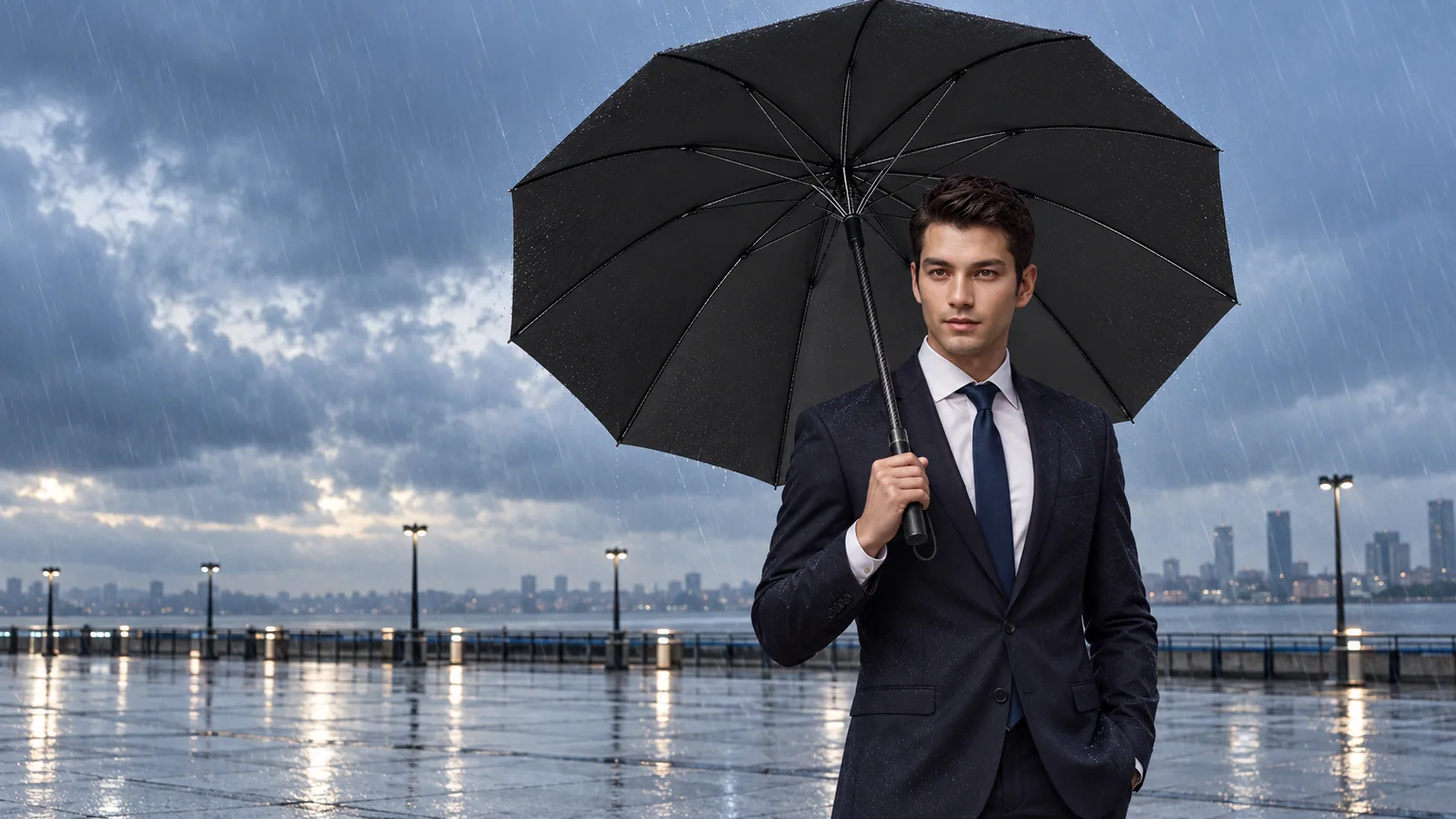 A man in a navy suit holding a black carbon-fibre umbrella in the rain on a waterfront plaza