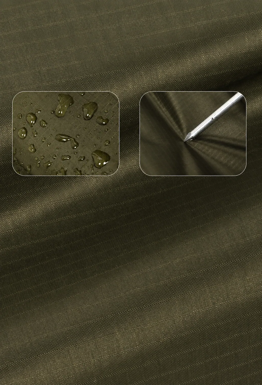 Olive ripstop nylon fabric with water beading on the surface