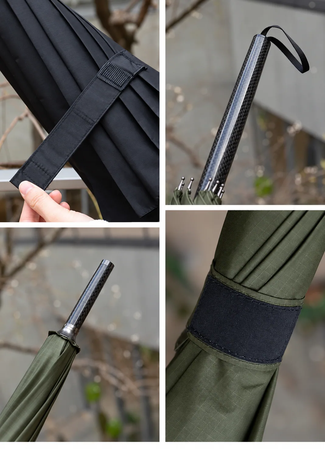 Hook-and-loop fastening, carbon-fibre handle and umbrella tip