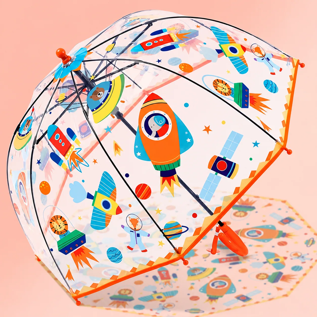 Clear umbrella with rockets and planets, orange trim and a curved handle