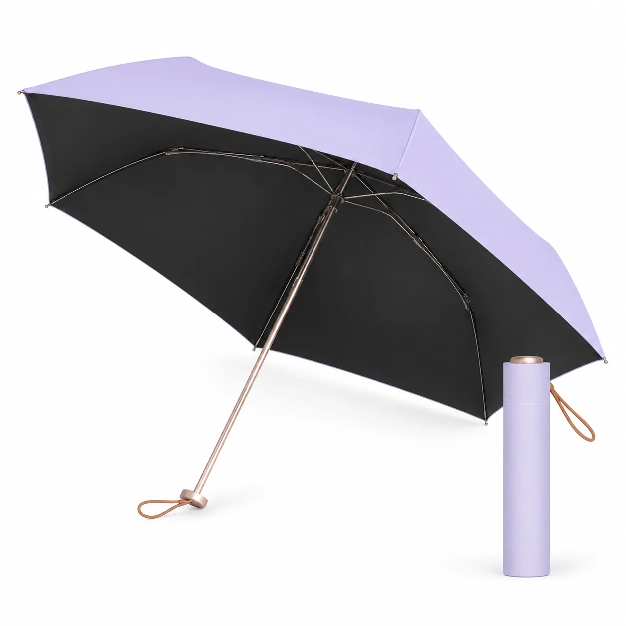 Lavender pencil umbrella, open and folded