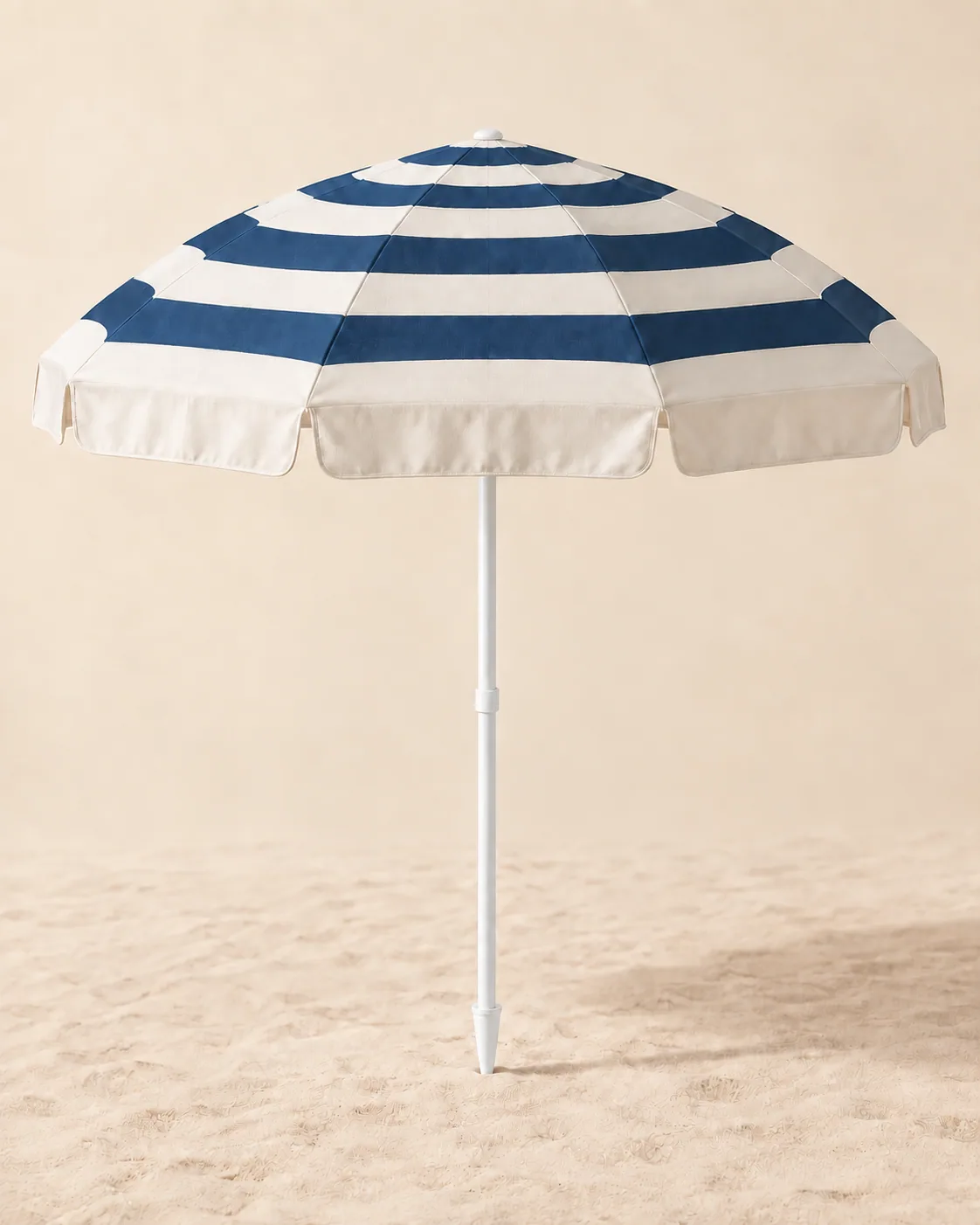 Horizontal blue and white stripe umbrella with white pole