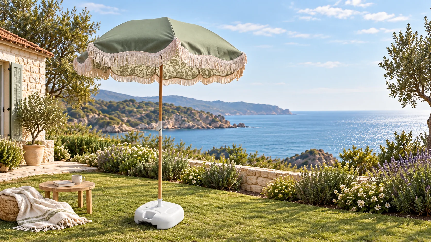 Sage green botanical fringe parasol in a sunlit coastal garden overlooking the sea