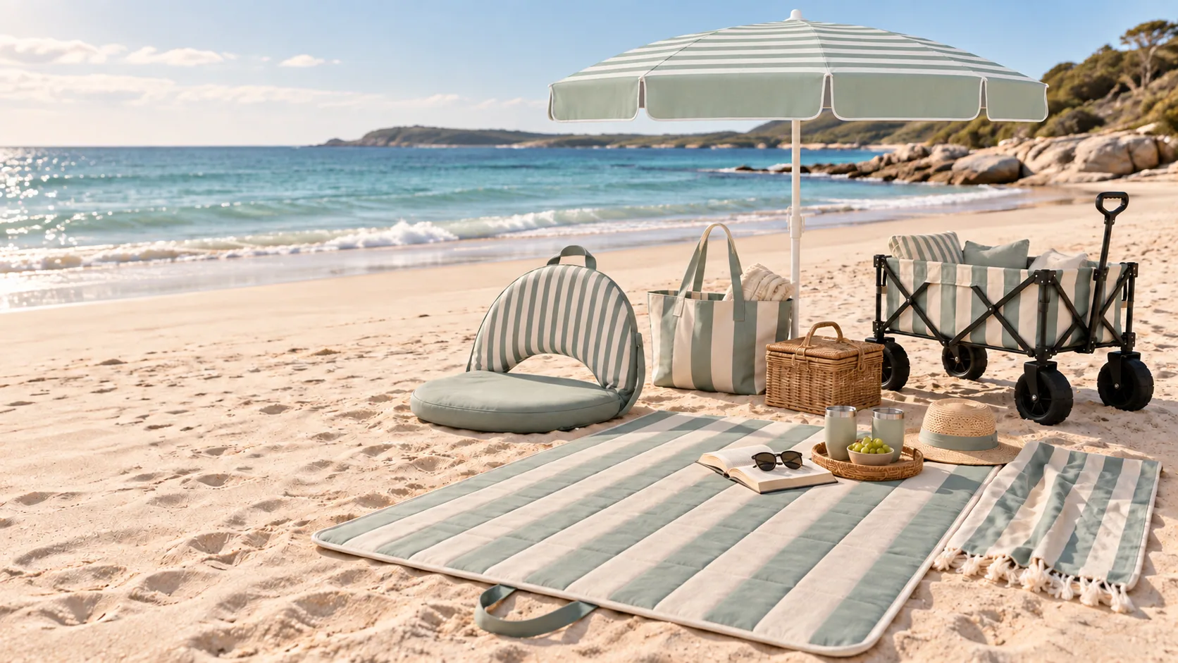 Soft sage picnic mat with matching beach accessories beneath a striped umbrella